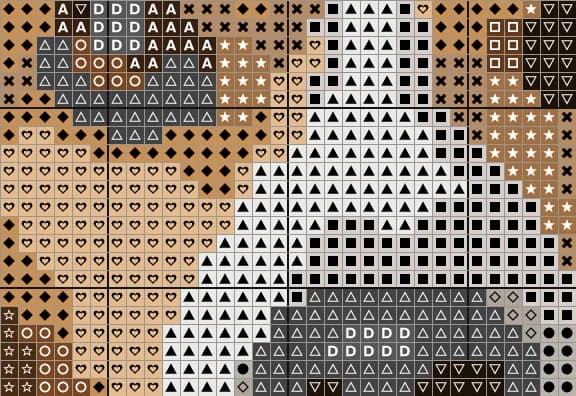 Close-up of the Beagle chart around the eyes, with a symbol in every square