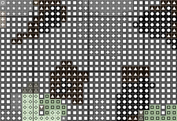 Close-up of the Black Cat chart around the eyes, with a symbol in every square