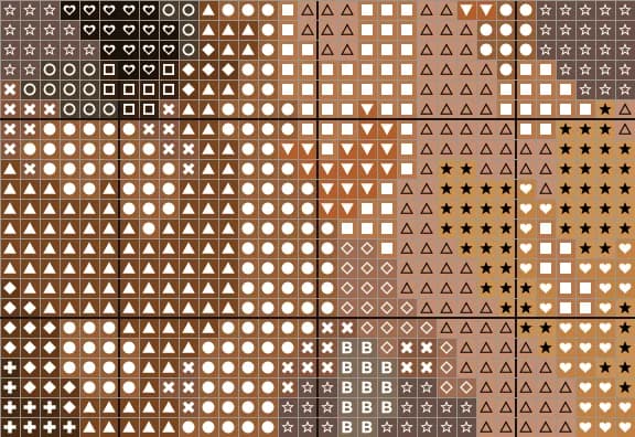 Close-up of the Dachshund chart around the eyes, with a symbol in every square