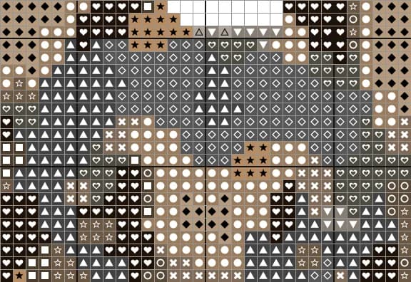 Close-up of the German Shepherd chart around the eyes, with a symbol in every square