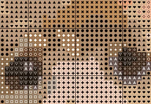 Close-up of the Poodle chart around the eyes, with a symbol in every square