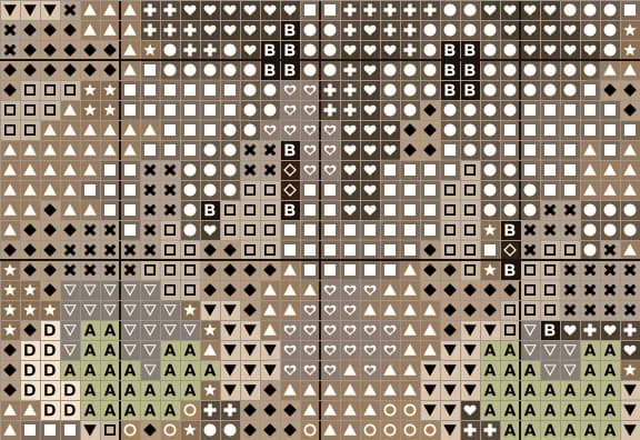 Close-up of the Tabby Cat chart around the eyes, with a symbol in every square