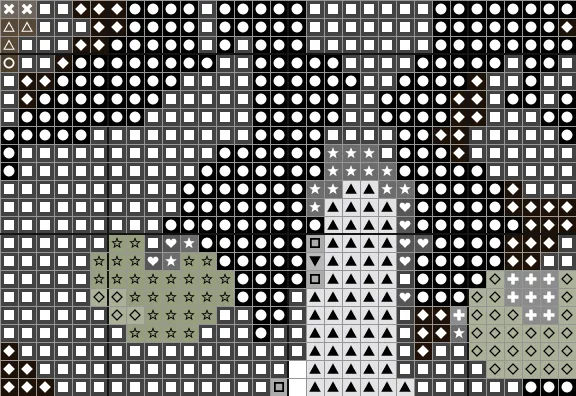 Close-up of the Tuxedo Cat chart around the eyes, with a symbol in every square