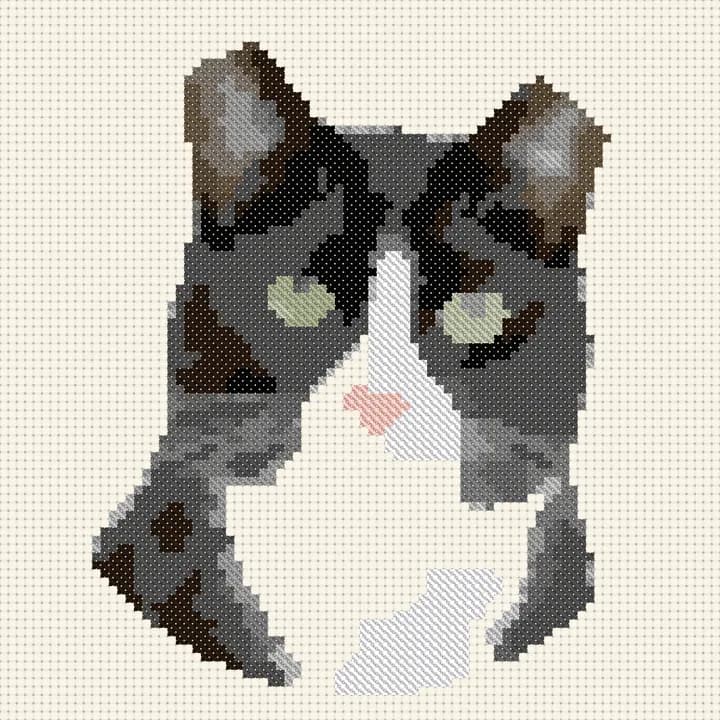 Free Tuxedo Cat cross-stitch pattern, stitched preview