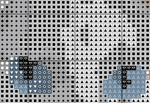 Close-up of the White Cat chart around the eyes, with a symbol in every square