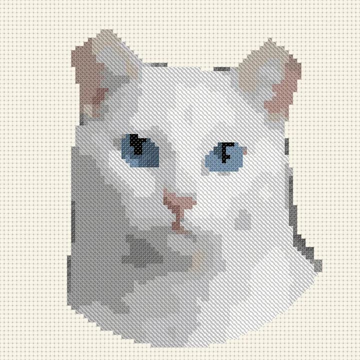 Free White Cat cross-stitch pattern, stitched preview