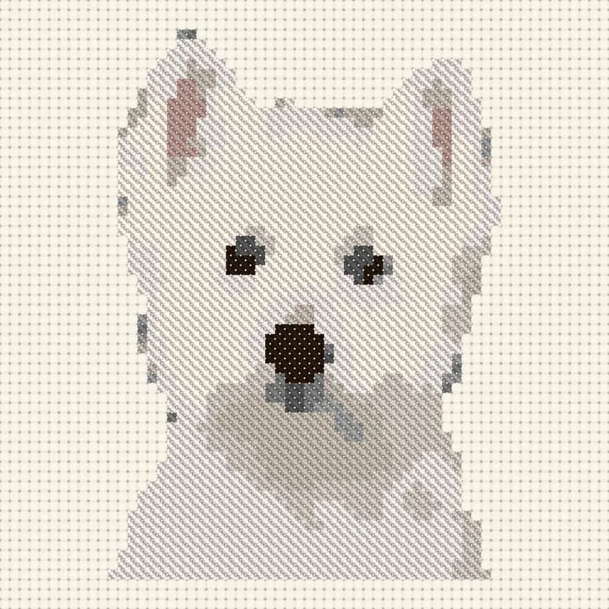 Westie, beginner version: A beginner version: 56 stitches wide and 10 colors.
