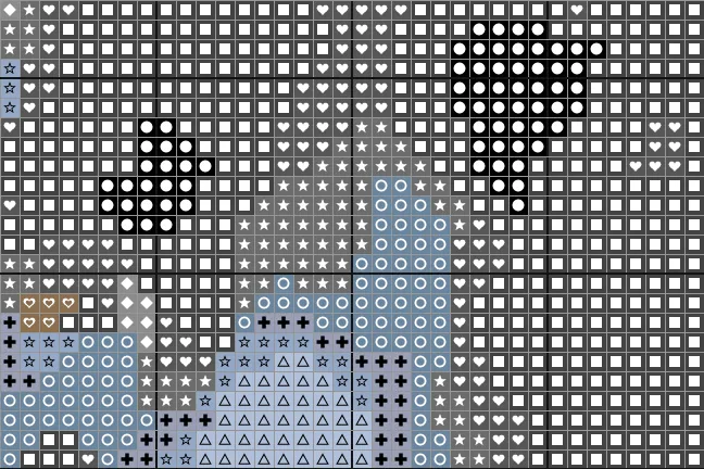 Close-up of the black labrador chart with a symbol in each square