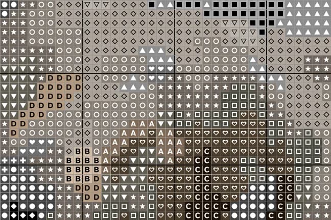 Close-up of the brindle french bulldog chart with a symbol in each square