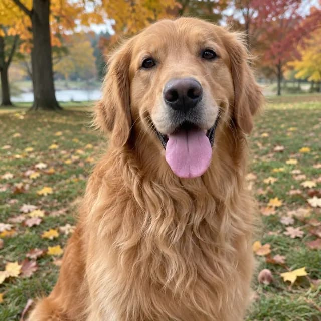 Photo of a golden retriever sitting in autumn leaves