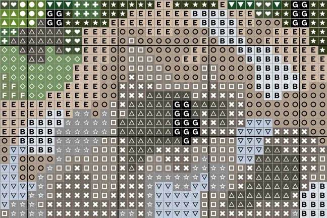 Close-up of the lop rabbit chart with a symbol in each square