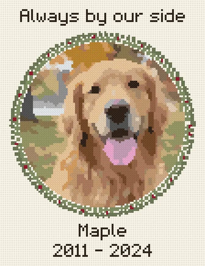 Round cross-stitch memorial pattern of a golden retriever named Maple, with a wreath, the line Always by our side, and the years 2011 to 2024
