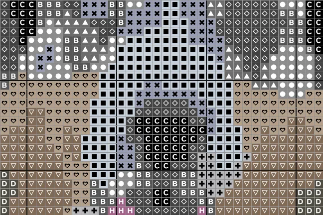 Close-up of the merle australian shepherd chart with a symbol in each square