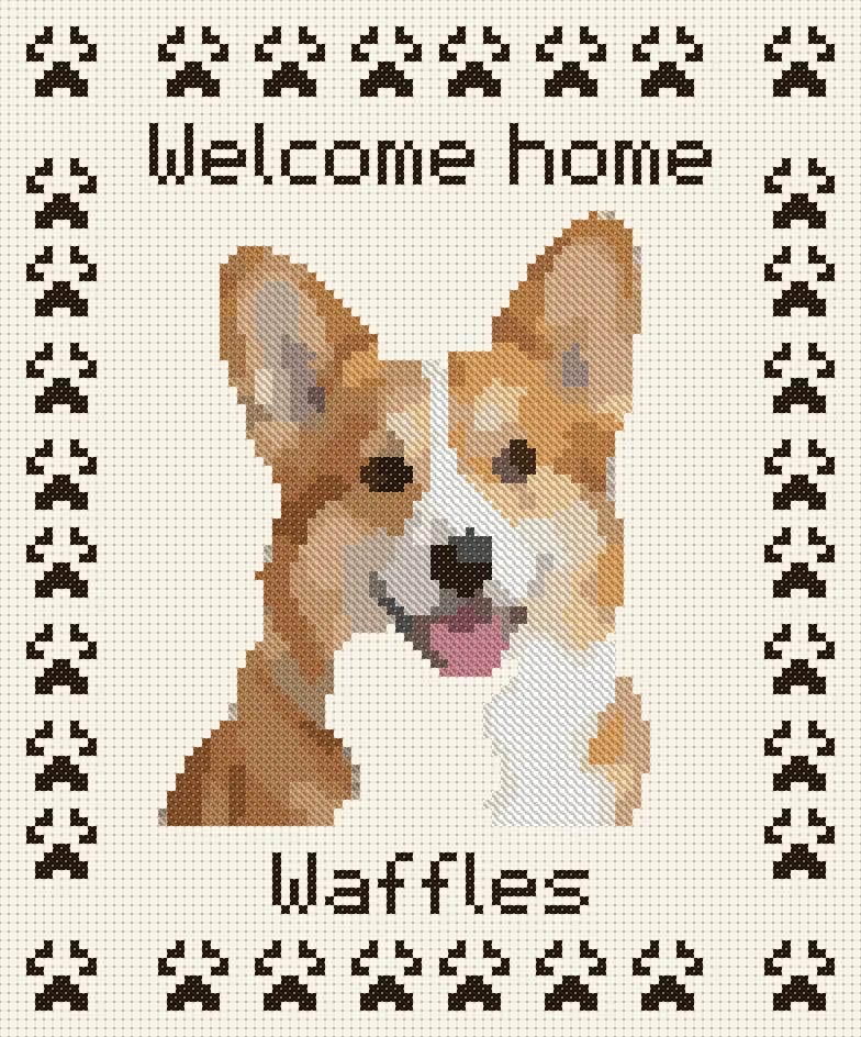 Corgi puppy: A welcome-home piece with a name, a short line and a paw-print border.