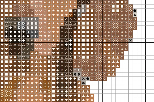 Close-up of the red dachshund chart with a symbol in each square