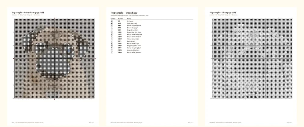 Pages from our PDFs: the printable color chart, and the simpler app chart with its thread key