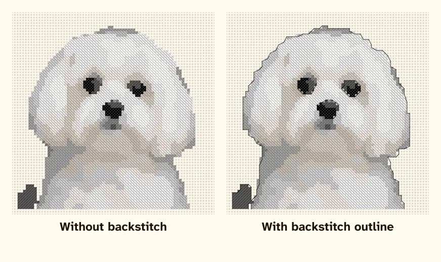 A white Maltese pattern without and with a backstitch outline