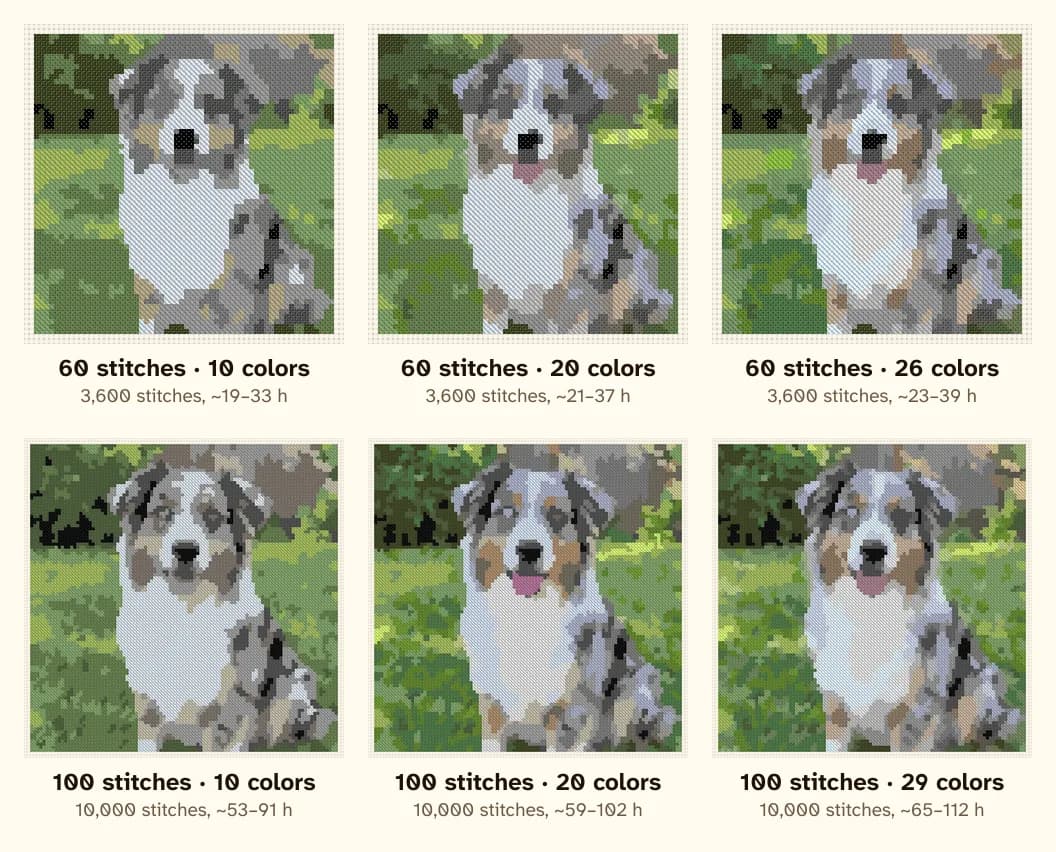 The same Australian shepherd charted at 60 and 100 stitches wide with 10, 20 and 30 colors
