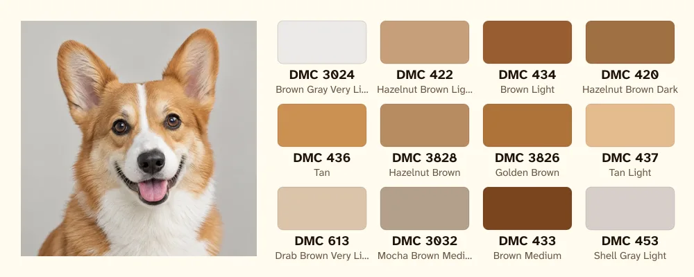 A corgi photo next to the twelve DMC threads the pattern maker chose for it