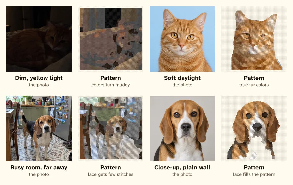 Photos in dim light and a busy room compared with photos in daylight against a plain wall, each with its cross-stitch pattern